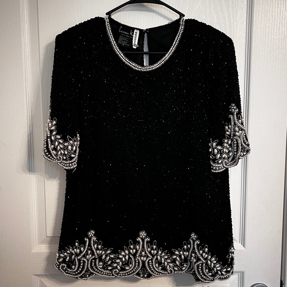 Preowned Vintage Lawerence Kazar Silk Black White Beaded Blouse Shirt Sz XL